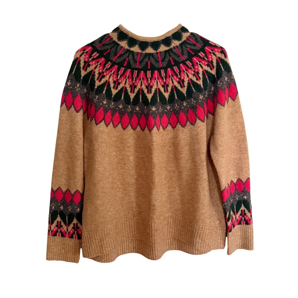 Vince Camuto Womens Fair‎ Isle Yoke Sweater Tan Pink Green Knit Crewneck Small